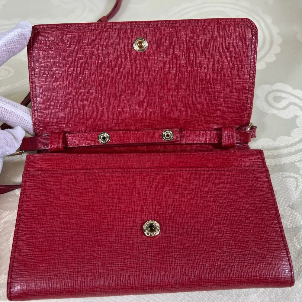 Furla Red Pebbled Leather Wallet on Chain Crossbody Clutch